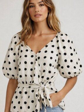 GAP Women's Linen Wrap Top Polka Dot Puff Sleeve Parisian Cottagecore S Petite